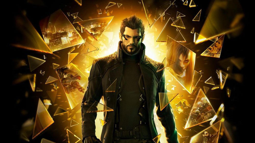Cover art of Deus Ex Human Revolution. Cyborg Adam Jensen striding through a cloud of glass shards 