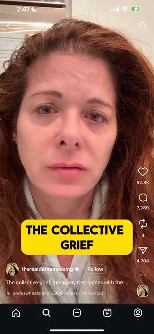 Debra Messing crying because of Mamdani’s victory. The phrase “collective grief” is on screen 