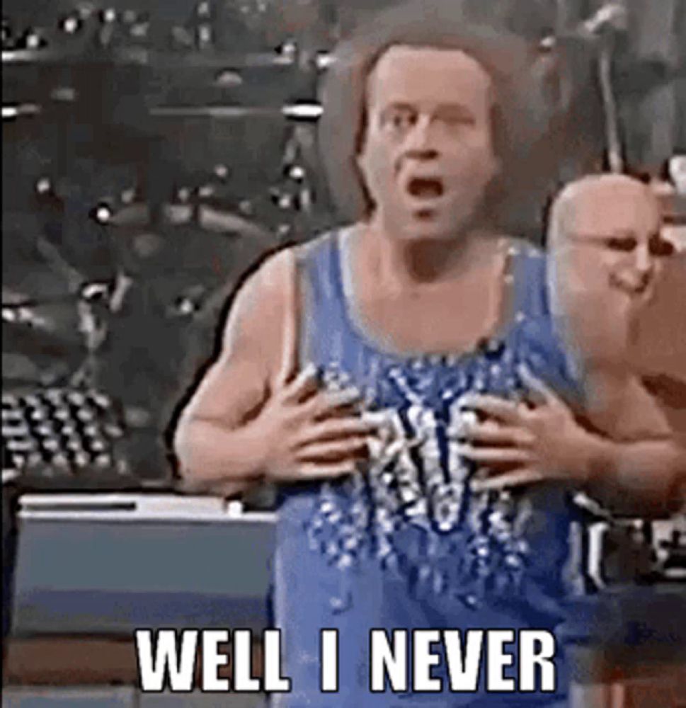 a man in a blue tank top is saying `` well i never '' while holding his chest .