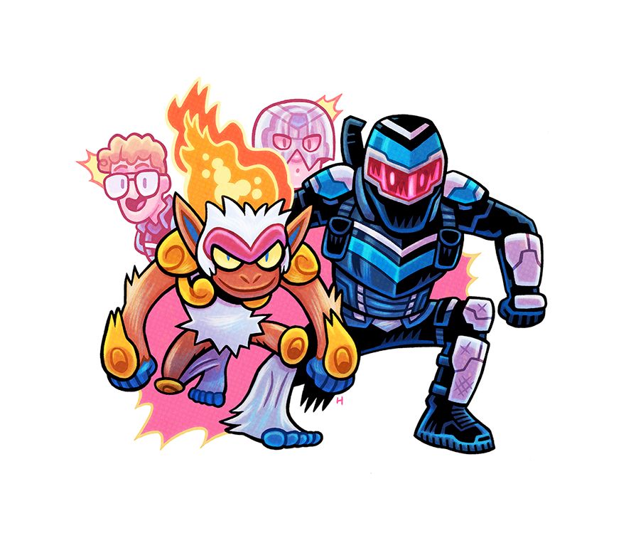 A drawing of Vigilante and Peacemaker staring at a suited up Vigilante and Infernape lookin sick.