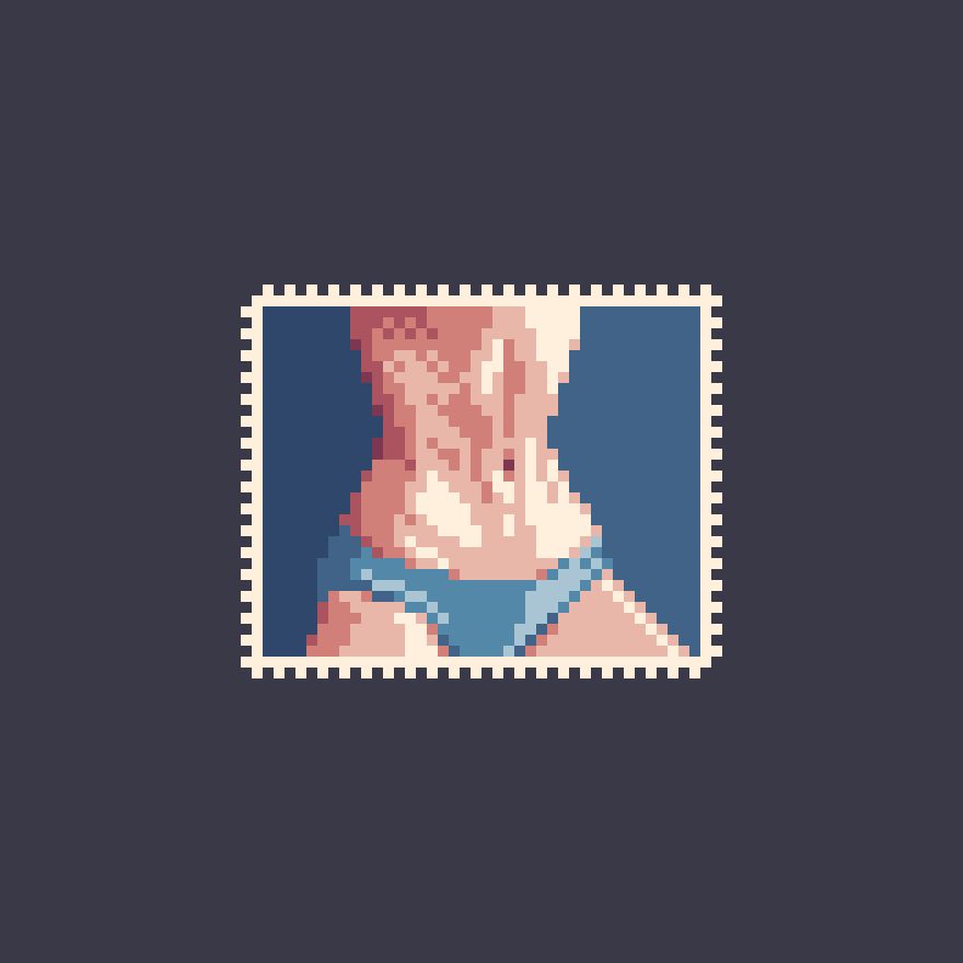 pixelart post stamp with female body from ribs to blue panties
9 colors, 40×32px ×3