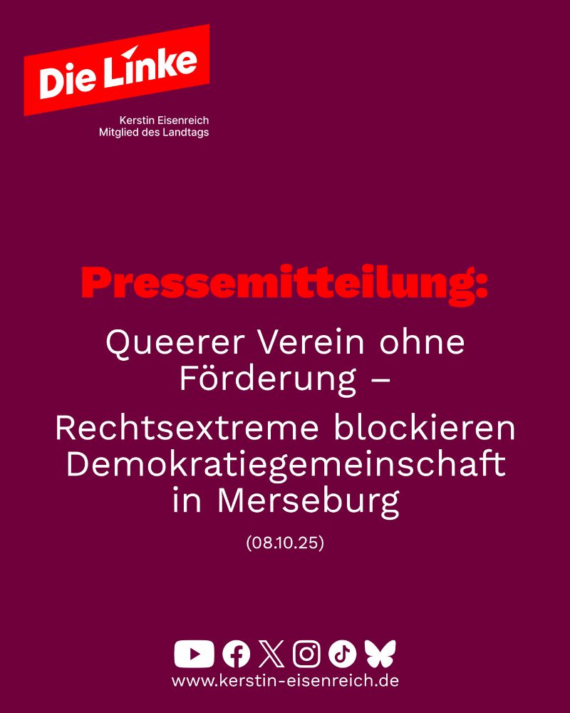 Das Sharepic zeigt auf dunkelrotem Hintergrund den Titel der Pressemitteilung: Queerer Verein ohne Förderung – Rechtsextreme blockieren Demokratiegemeinschaft in Merseburg (08.10.25)