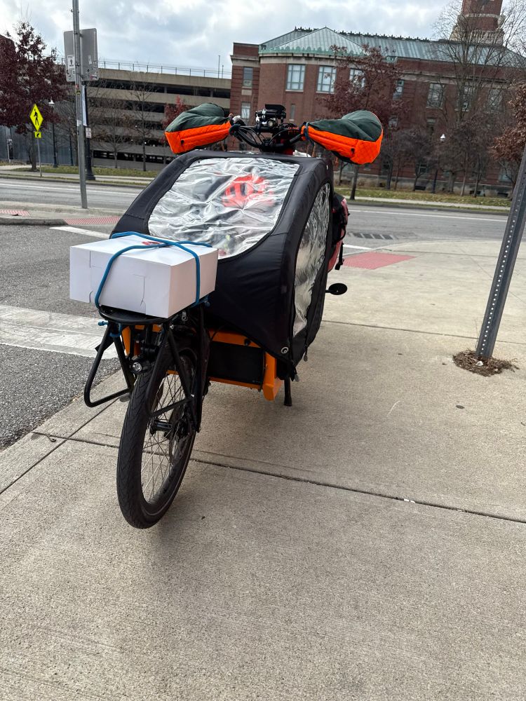 A front loader cargo bike has a box of donuts strapped to a rack mounted on the front fork. The passenger in the passenger capsule looks on
