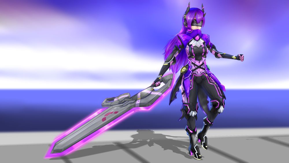 Leila posing in a purple combat uniform called "Silence Lied". The uniform is a futuristic bodysuit. She holds a broad sword in her right hand.