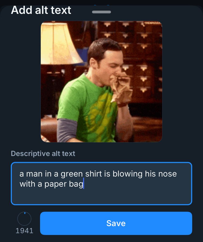 The same photo as above showing the window in which you can edit the alt text. The alt text provided says: “a man in a green shirt is blowing his nose with a paper bag”. What?????