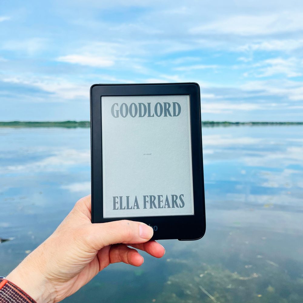 A white hand holds an ereader with the cover of the book Goodlord by Ella Frears in front of a still lake. A green shore is on the distance and clouds are reflected in the water. 
