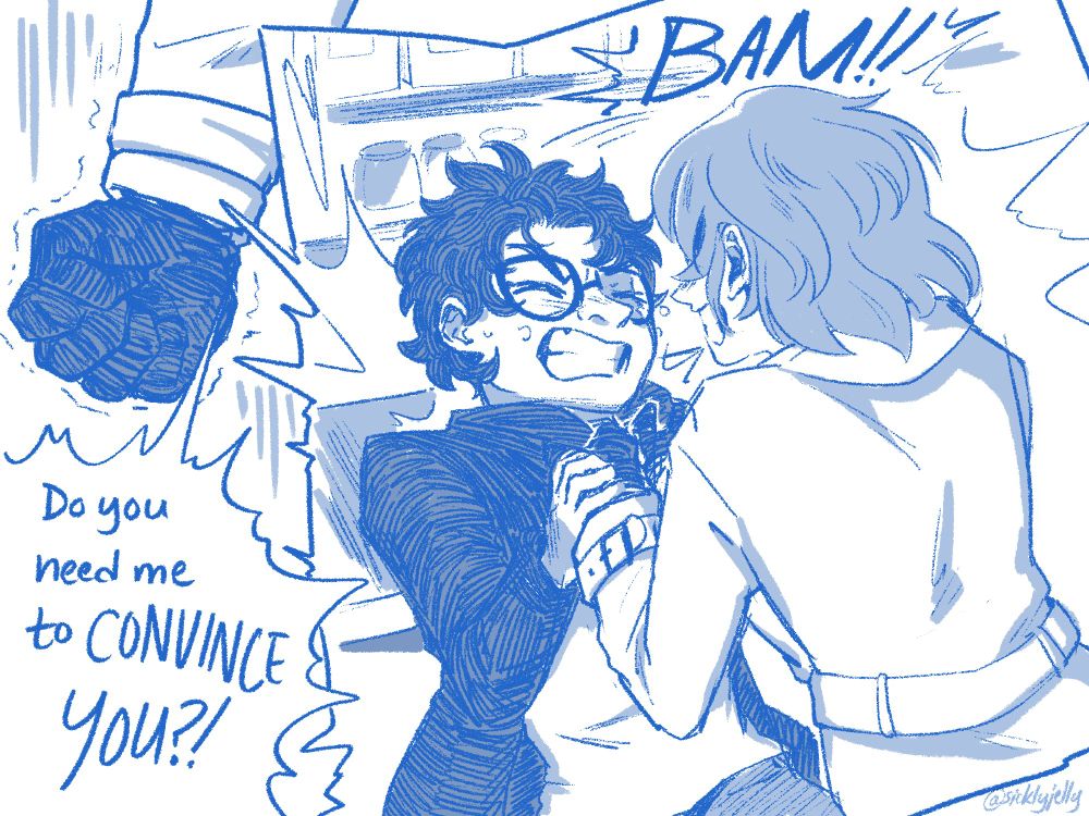 Panel 1: A close-up of Akechi's gloved hand clenched in a tight fist, trembling as he shouts "Do you need me to CONVINCE YOU?!"
Panel 2: Akechi grabs Joker by the lapels of his coat and pushes him into the counter of LeBlanc with a loud "BAM!!", pinning his back to it. Joker's hands are grabbing Akechi's in a vain attempt to stop him, his own expression pinched in either pain or surprise. Akechi can be seen clenching his jaw in anger again.