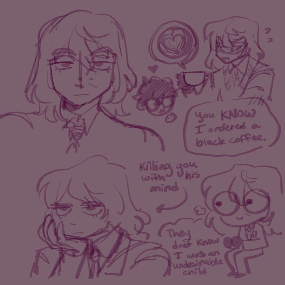 third page of Akechi doodles, with various sarcastic or grim expressions. One states that he's killing you with his mind. Another looks wild with wide eyes as he thinks "they don't know I was an undesirable child." In the corner, he receives a coffee with latte art in the shape of a heart from Joker, and says "you KNOW I ordered a black coffee," looking bashful.