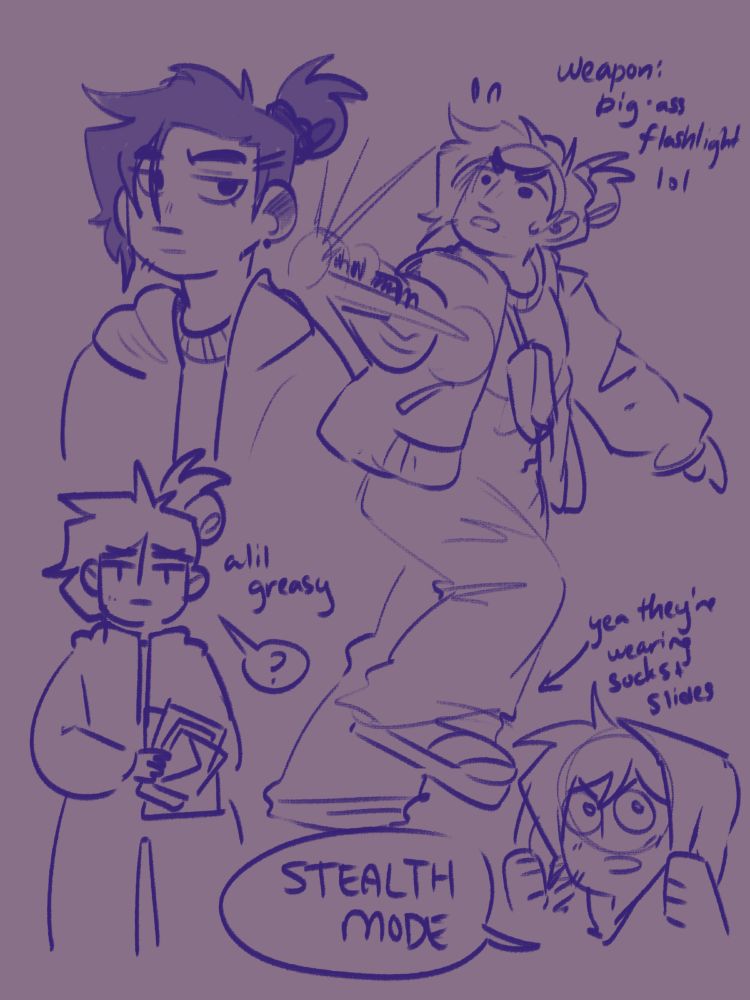 a doodle page of a character who looks slightly annoyed and ordinary. Their hair is up in a bun, they're wearing loungewear + socks and sandals, and carrying a big flashlight. They're noted to be a lil greasy and look kinda silly.