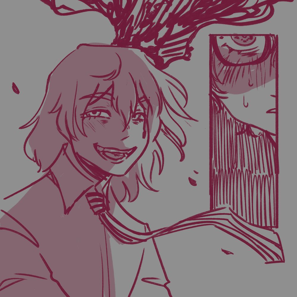 Akechi is smiling brightly, almost sinisterly, as he looks at Joker. His canines are just a touch more pronounced, and his eyes are piercing, his hair and tie blowing in the wind. From his temple, a drop of dark liquid drips down like blood, and from the side of his head is an incomprehensible mass of shapes spewing out. Joker looks on, face partially hidden, with shocked wide eyes and sweat dripping down his face. Notably, there's also a blush on his cheeks.