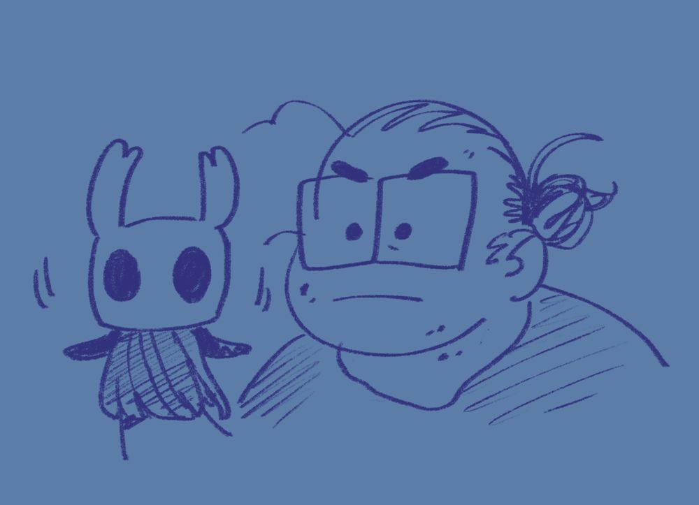 a doodle of me with a Hollow Knight handpuppet, a serious look on my face