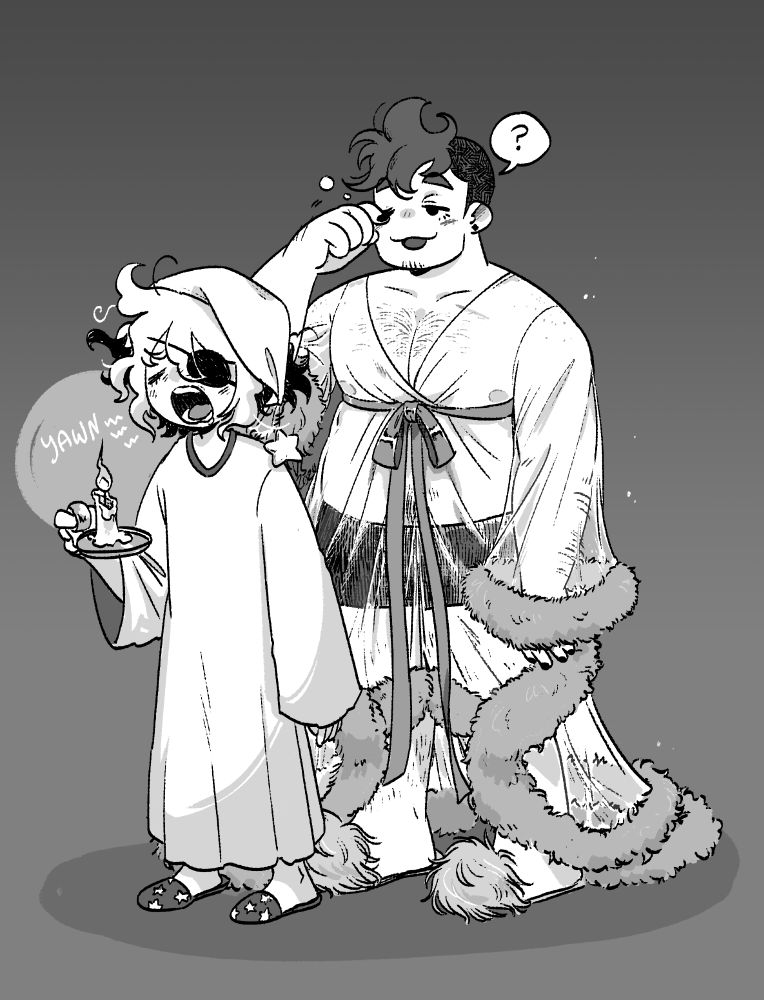A greyscale drawing of a sleepy Siffrin and Isabeau from In Stars and Time. Siffrin is yawning in an old-fashioned nightgown and cap with a plush star dangling off the end, sporting some starry slippers and carrying a short candlestick with a metal candlestick holder. Isabeau is rubbing his eyes, a bit confused while wearing a see-through negligee nightgown with fuzzy cuffs and trim, showing off some of the hair on his chest while it's tied together with long ribbon. He's also wearing matching fuzzy slippers and some briefs.