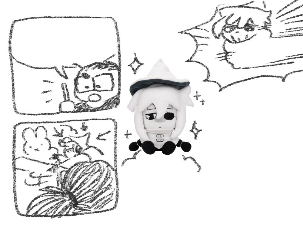 unfinished comic where I'm saying something (though there's no dialogue), look over to my box of plushies, and spot the makeship Siffrin plush (which is just an edited photo). There's a panel of me aggressively grasping the plush, with the rest of the page being blank.