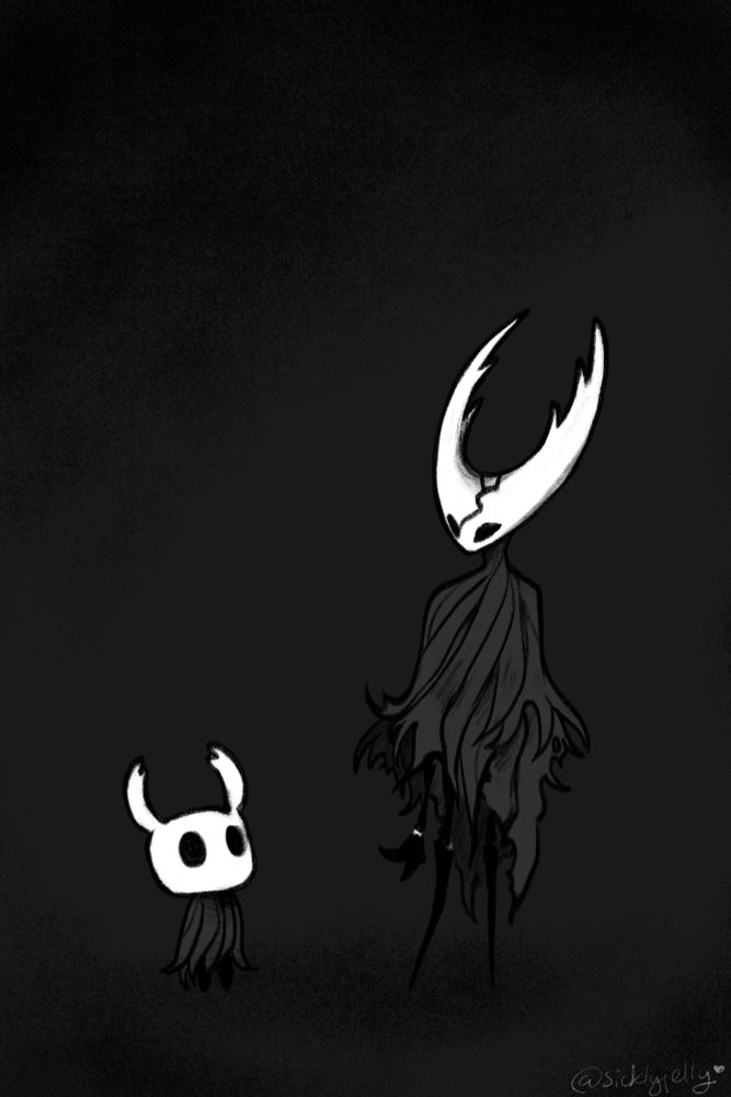 A greyscale comic: the Hollow Knight looks down at the Knight as the Knight looks up at the Hollow Knight, both standing in darkness. THK has the crack in their mask.