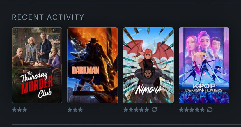 The Thursday Murder Club ***
Dark man ***
Nimona *****
K-Pop Demon Hunters *****