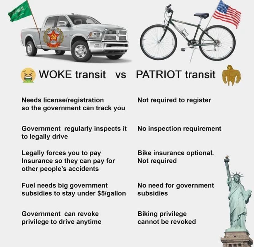 A humorous comparison of "woke transit" (big gasoline trucks, which depend on government subsidies and subject drivers to oppressive regulations) vs "patriot transit" (bicycles, which are totally free from government interference) 
