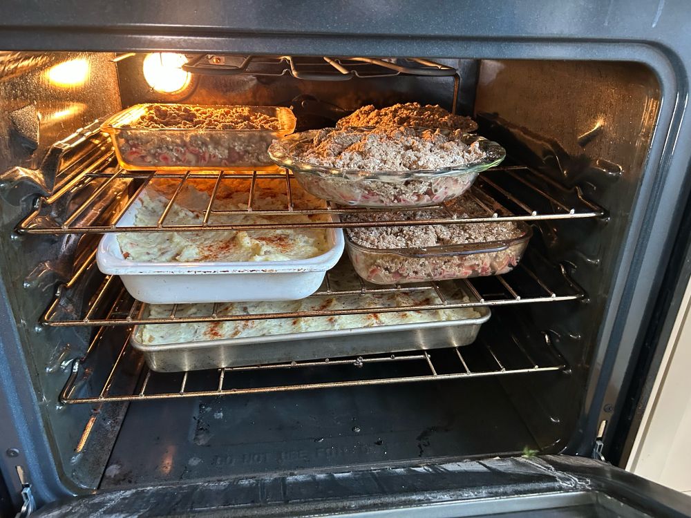 An oven with way too many pans of delicious looking food in it