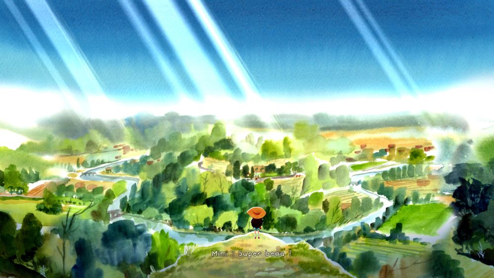 Panorama du jeu Dordogne avec une vue sur la campagne en style aquarelle et l’héroïne Mimi qui contemple le paysage lointain.