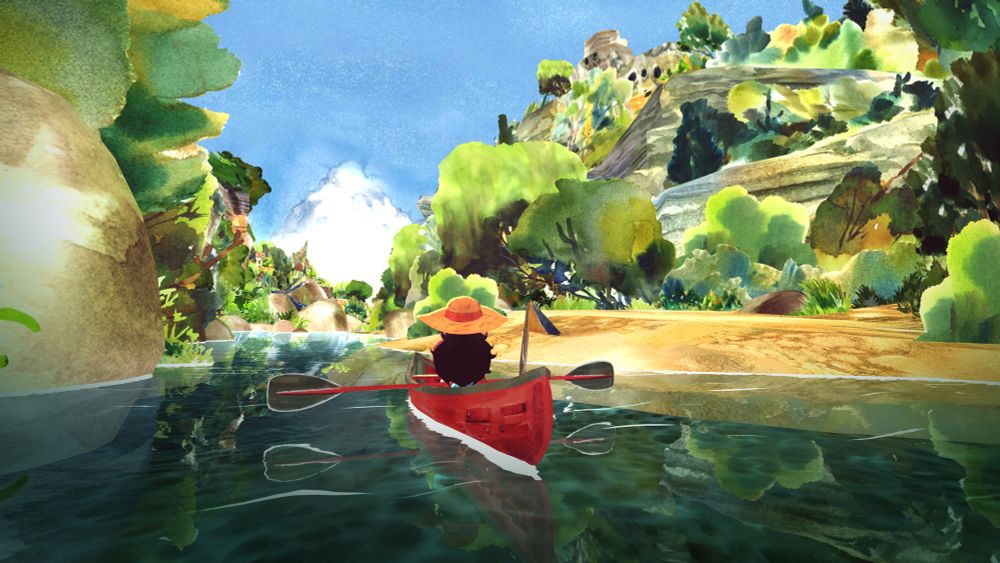 Mimi l’héroïne du jeu Dordogne sur son kayak. Le tout dans un paysage paint en style aquarelle. 