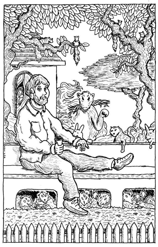 Bearded man sits on a stone bench with a slightly mournful expression on his face as a variety of rodents (they were meant to be squirrels but there are a couple of rabbits and God knows what mixed in) crowd around him, some in background trees and some in the gaps beneath the bench. A small fence brackets the immediate foreground. Archival ink on paper from June 2019.