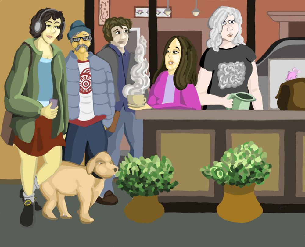 Digital painting (Procreate; gel pen) of a cafe scene based on a local coffeeshop. Five figures--three women, two men-- stand around a counter with a dog sniffing a pair of potted plants at the bottom. A woman in the center holds a coffee mug with (much stylized) steam rising therefrom.