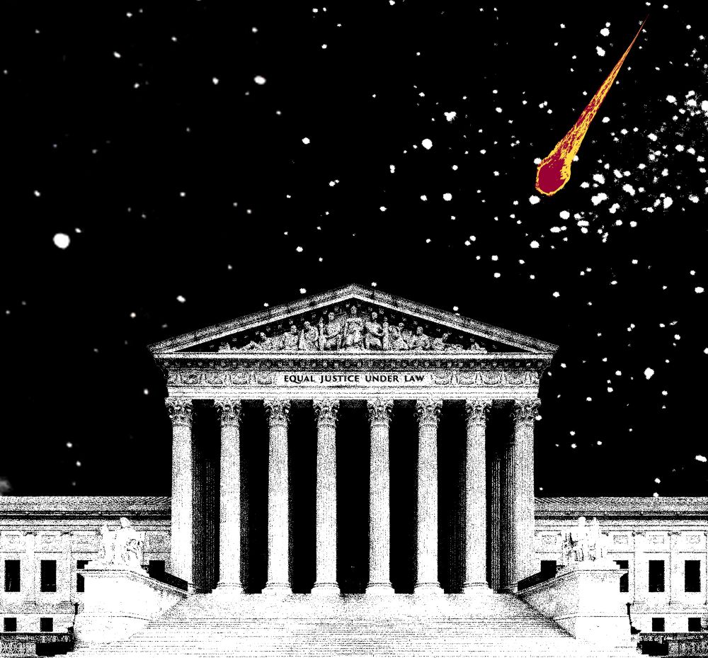 The Supreme Court building, with a meteor hurdling toward it in the background