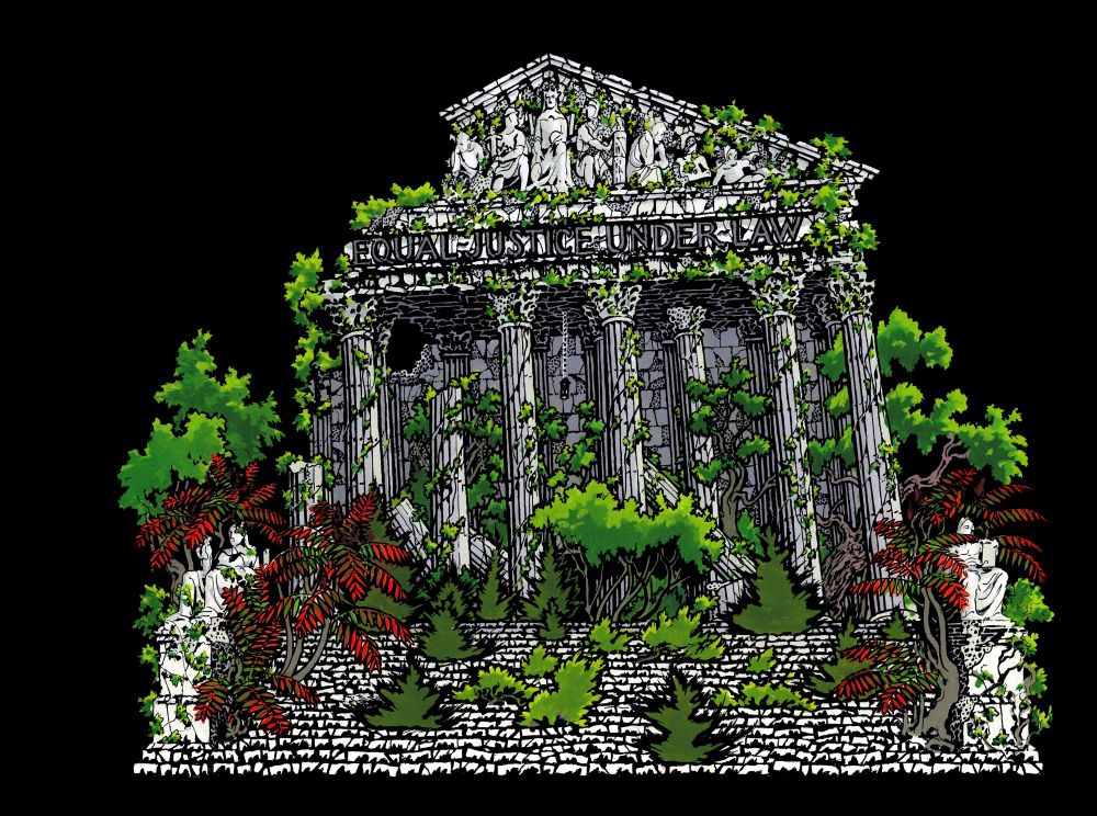 The Supreme Court building, decaying and being reclaimed by nature