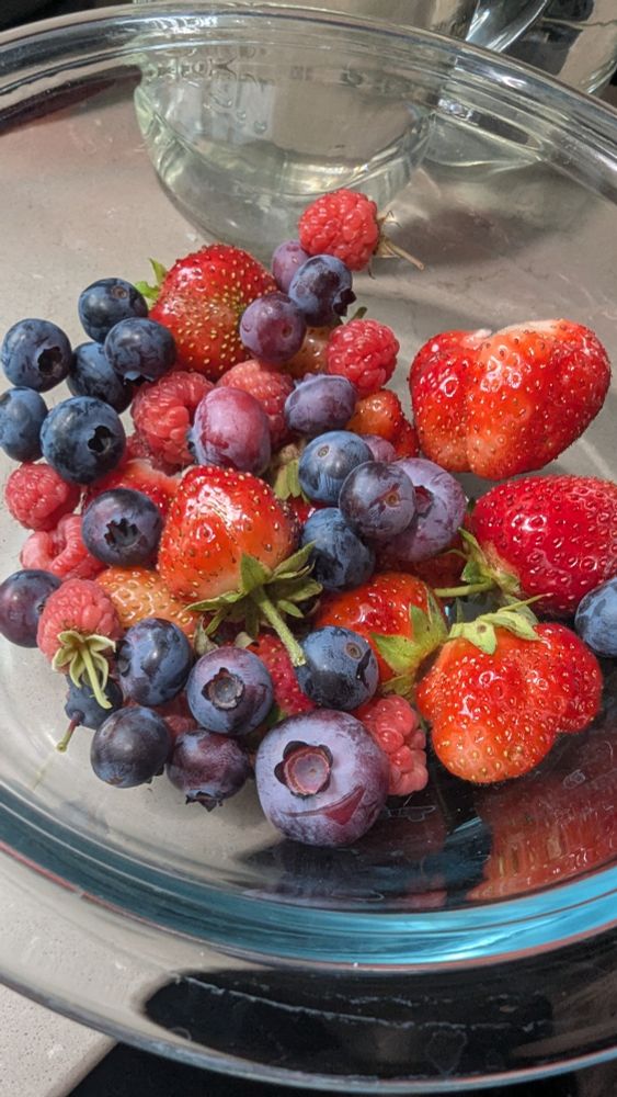 A bowl of blueberries strawberries and raspberries from the backyard