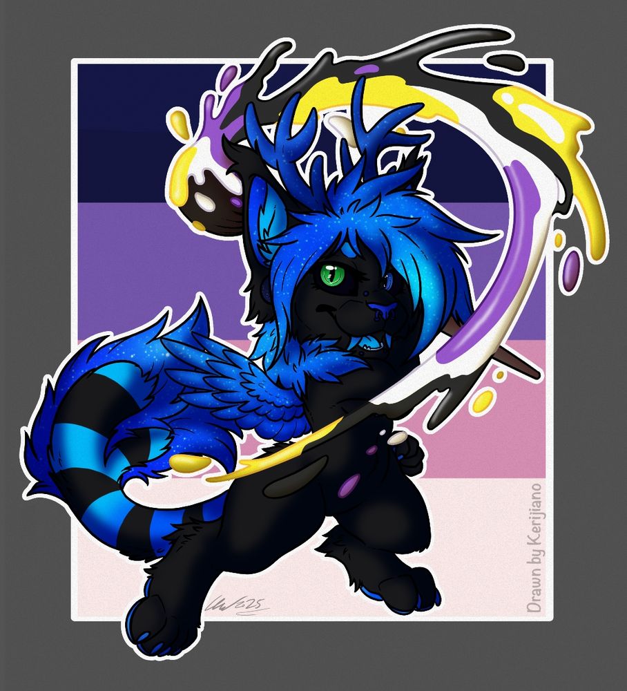 A blue and black feline is holding a big paintbrush with nonbinary paint. The background is Ace Spec