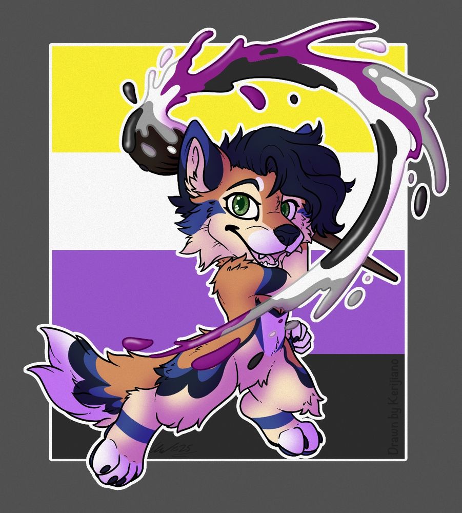 A tan canine with blue markings is holding a big brush that has paint falling off in asexual colours. The background is nonbinary