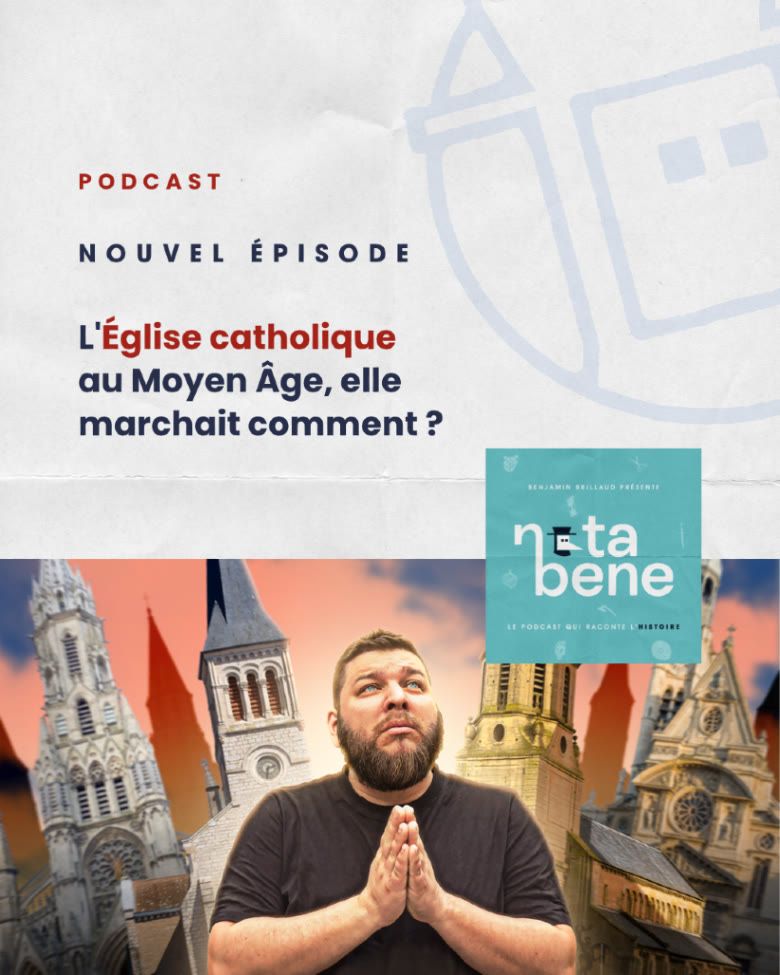 Nouvel épisode du podcast Nota Bene sur l'Église catholique médiévale. On me voit les mains jointes, en prière, avec derrière moi quatre églises.