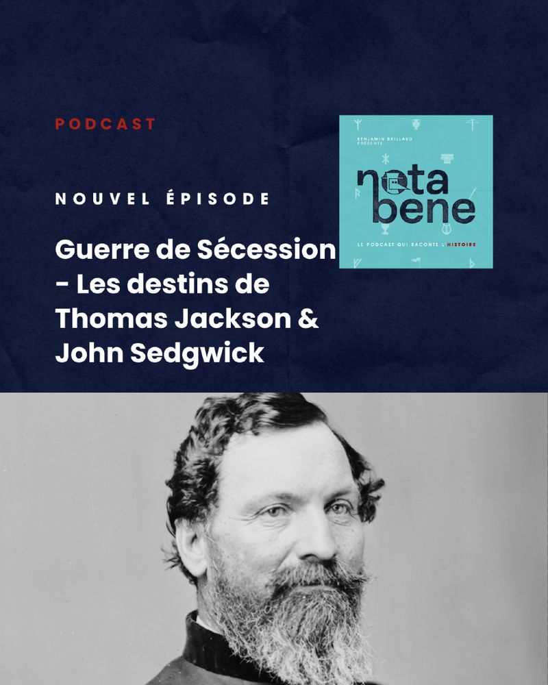 Nouvel épisode bref du podcast Nota Bene sur les morts insolites de Thomas Jackson et John Sedgwick, deux officiers pendant la guerre de Sécession. Photographie en noir et blanc de John Sedgwick, prise entre 1860 et 1865, sur laquelle il pose en uniforme.