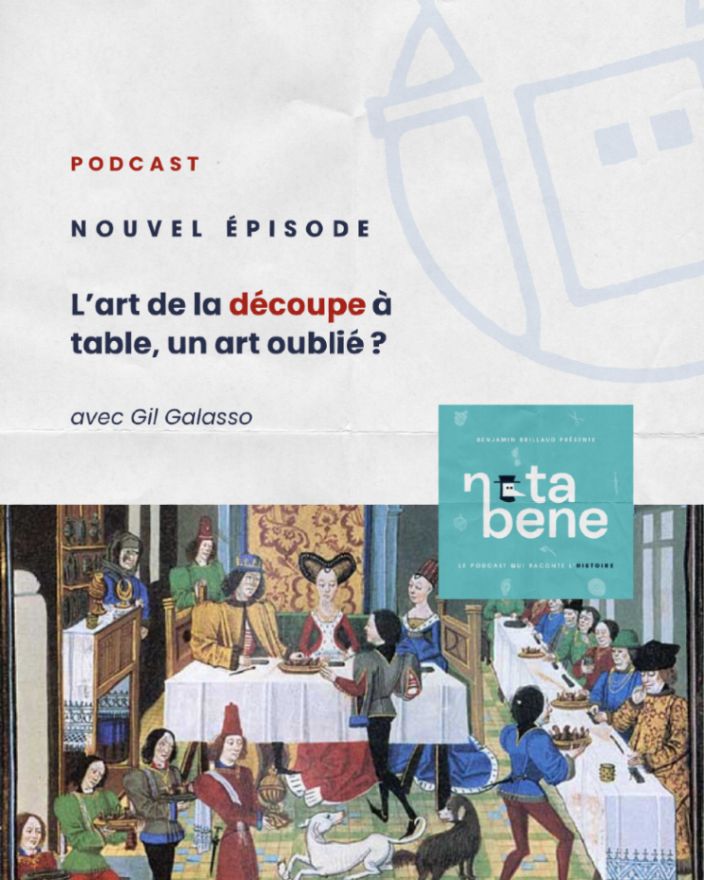 Nouvel entretien disponible sur le podcast Nota Bene avec Gil Galasso sur l'histoire de l'art de la découpe. Détail d'une enluminure du 15e siècle représentant un banquet de noces, sur laquelle on voit des personnages attablés en train de manger.
