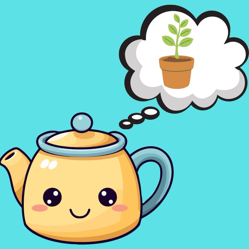 Teapot with a thought bubble showing a potted plant 