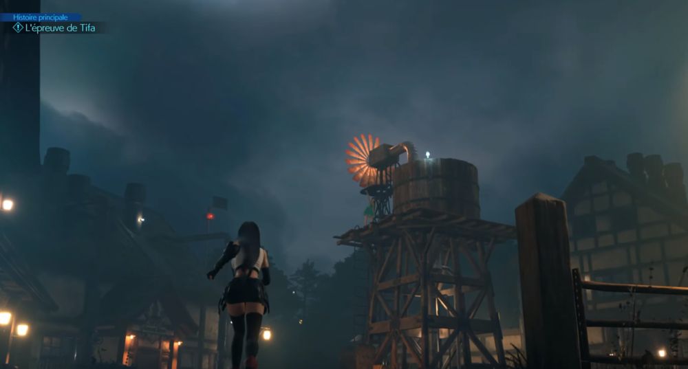 Young Tifa waving at adult Tifa to come on the water tower