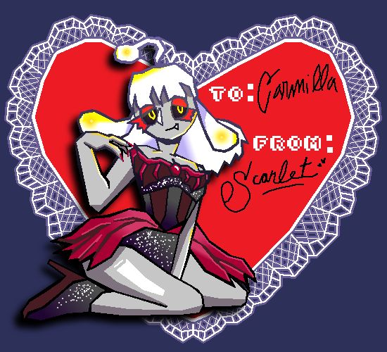 pixel art of my oc Scarlet, a sona for my friend Carmilla. She has white hair, red makeup, and a sparkly red and black dress. Shes sitting in a sexy position with her hand on her shoulder. In the background is a big red and lacy Valentines Day heart.
The text in cursive reads: To: Carmilla. From: Scarlet 