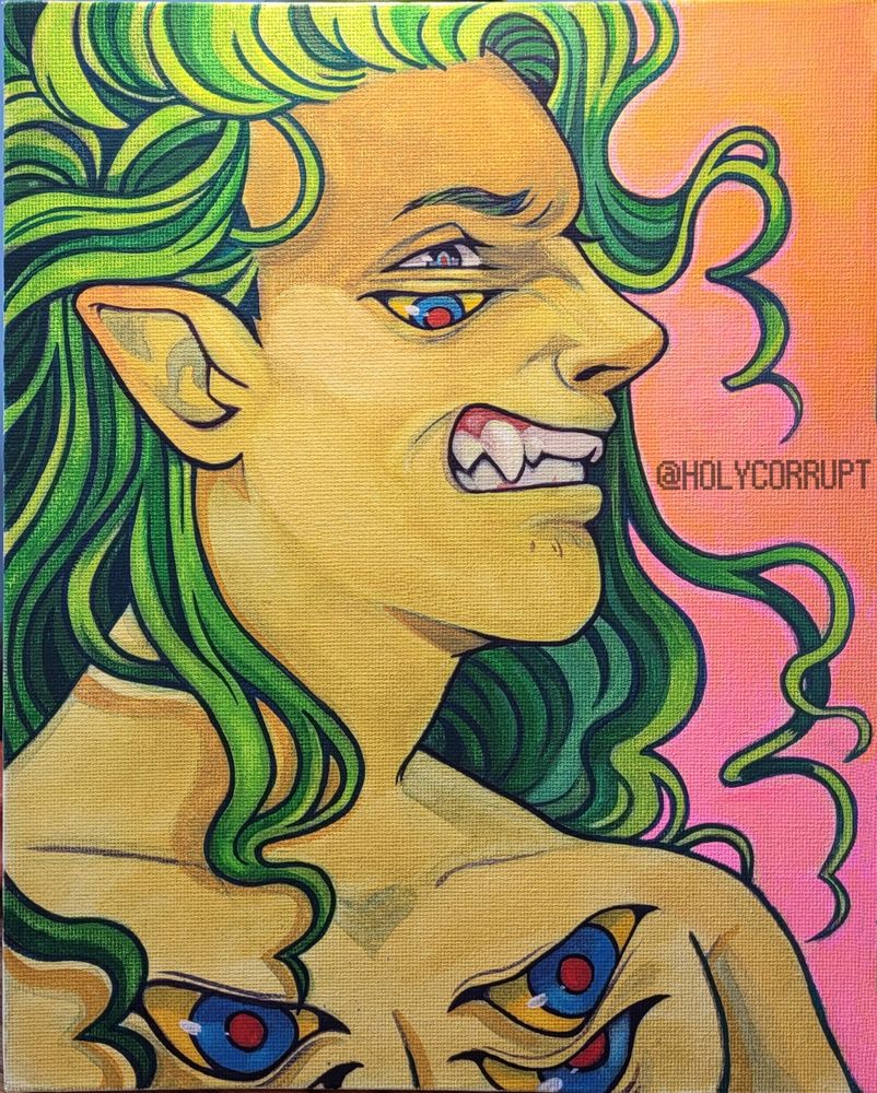 a gouache painting of my original character Francis, he is snarling and showing his teeth with sharp canines. Yellow, Blue, and Red eyes open over his body, His green hair flowing outwards slightly. 