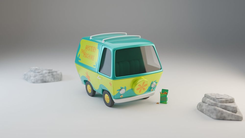 Front view of the Mystery Machine van from Scooby Doo