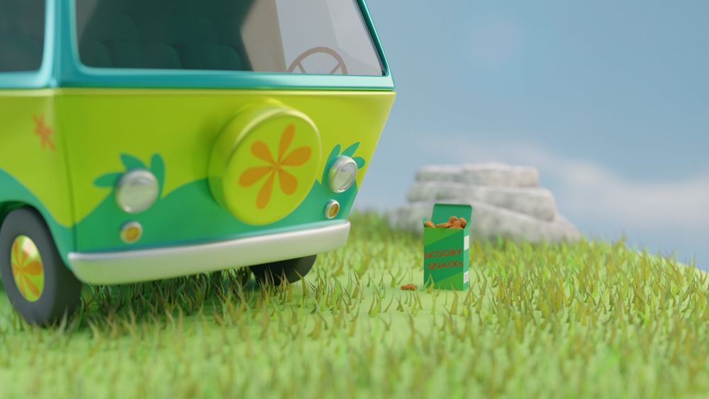 Close-up view of the Mystery Machine van from Scooby Doo