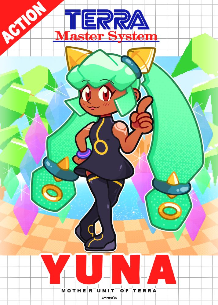 A commission for PizzaStart of Yuna from Megaman Legends 2 striking a pose made by classic Sonic The Hedgehog on a Master System game box