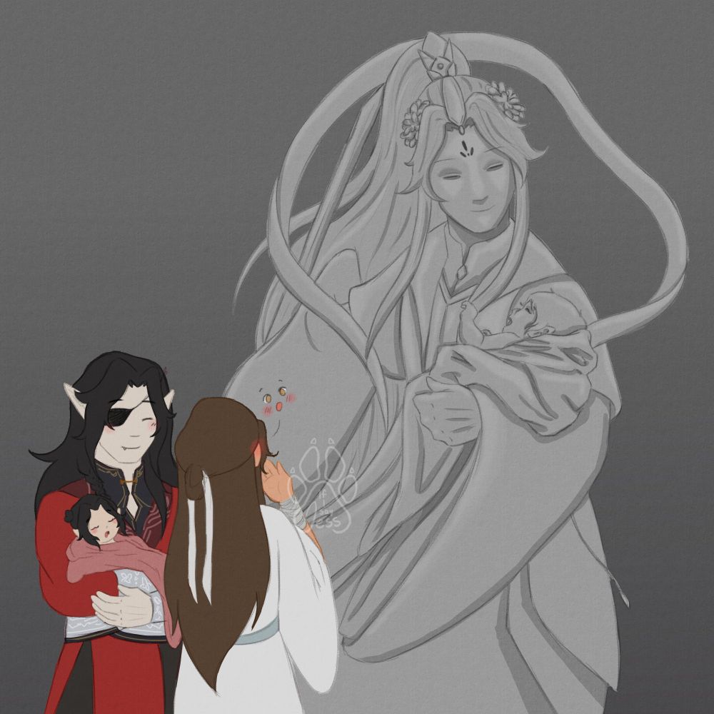 The statue of the flower crowned prince Xie Lian holding one sword and where the flower should be he is instead holding a little baby, Hua Cheng is holding their daughter while Xie Lian admires the statue 