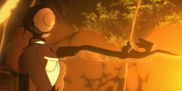 a woman with a bomb for a head points forward, glowing orange light emanating from in front of her in CHAINSAW MAN - THE MOVIE: REZE ARC (2025)