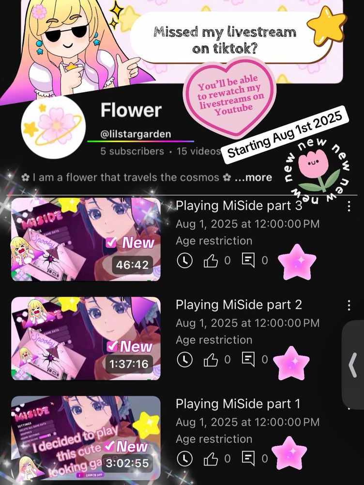 Showing the scheduled livestream uploads for my play-through of Miiside
