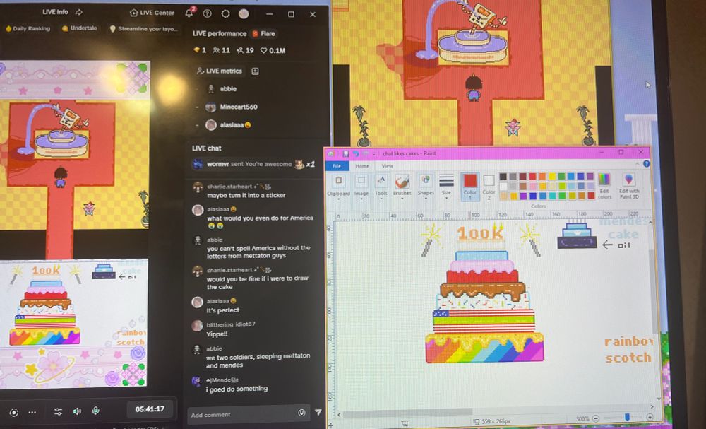The rainbow tier layer complete with cinnamon butterscotch icing (every 20k likes a new layer gets put on, except after the 100k it becomes 30k likes and scales upwards). Chat decided this is what they wanted to do XD it has been really fun! ╰(*´︶`*)╯♡