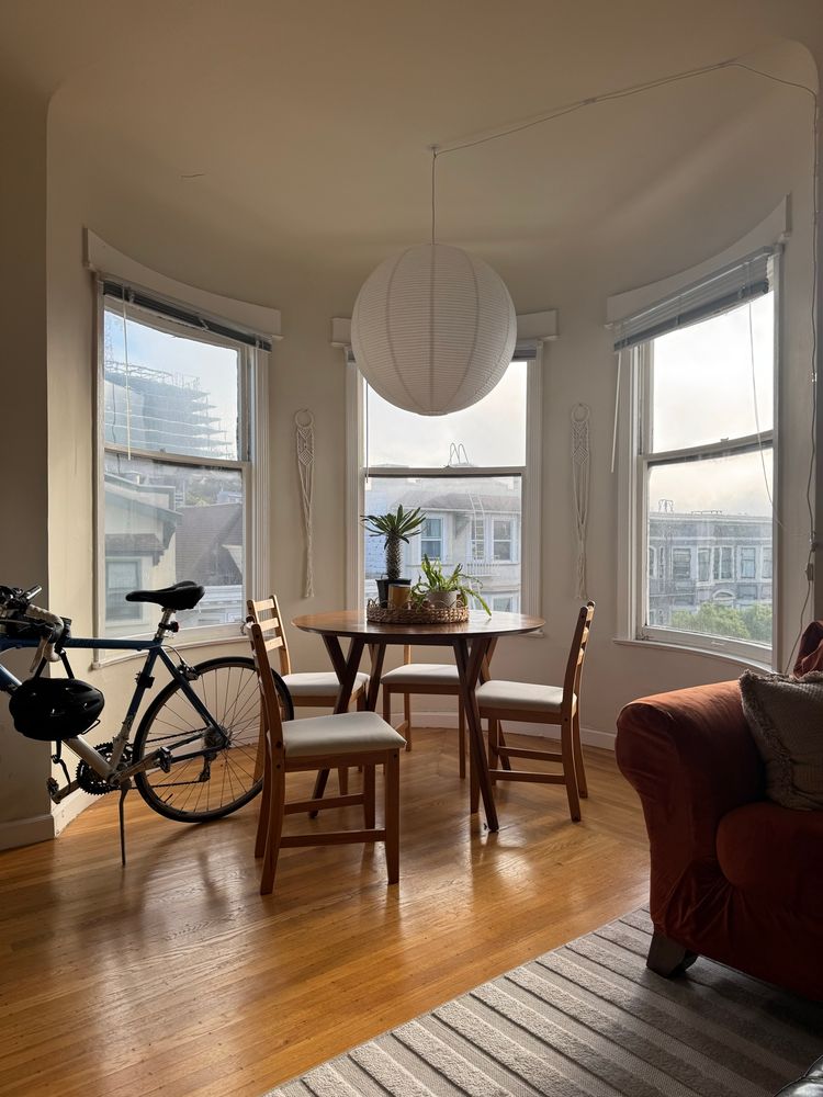 a sunlit room in san francisco. there’s a bike to the left of a dining table with some houseplants, and a soft velvet couch on the right. you can see the fog billowing over a mix of industrial buildings and pastel houses and diffused light casting a uniform sheen over everything.