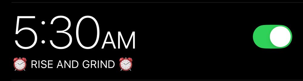 An alarm for 5:30 AM that says “⏰ RISE AND GRIND ⏰”