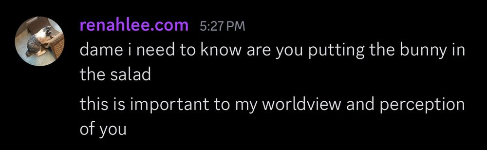 messages from renahlee that were left unread

dame i need to know are you putting the bunny in the salad
this is important to my worldview and perception of you