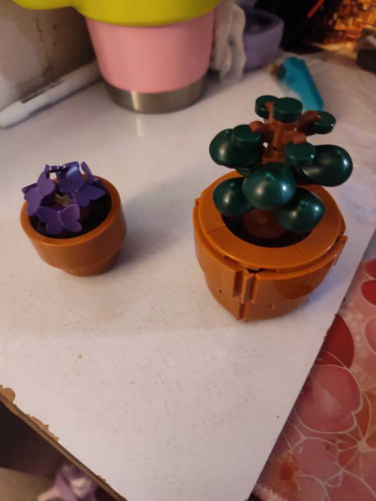 Picture of 2 LEGO plants in pots. A smaller one with purple butterfly blossoms and a larger one with green knobs that kinda look like hats up close.