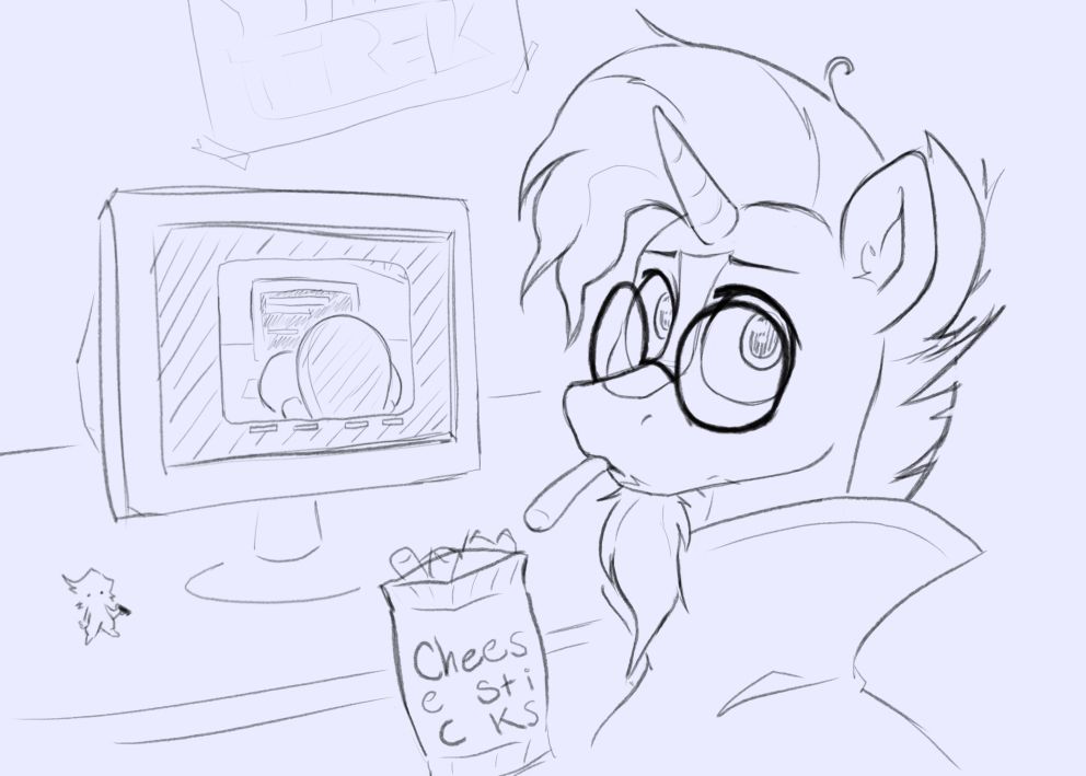 Sunburst, the supposedly studious pony, getting caught watching dumb animal cartoons and eating cheap cheese sticks