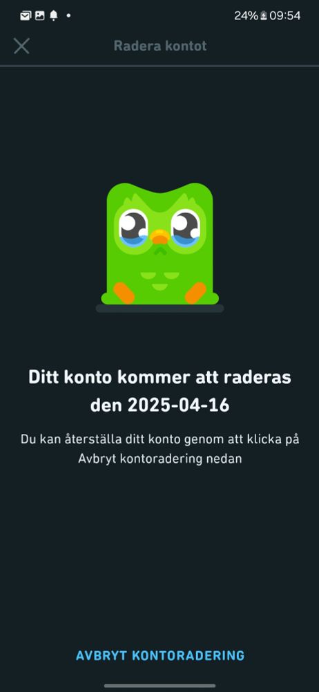 Screenshot av radering av duolingo-konto